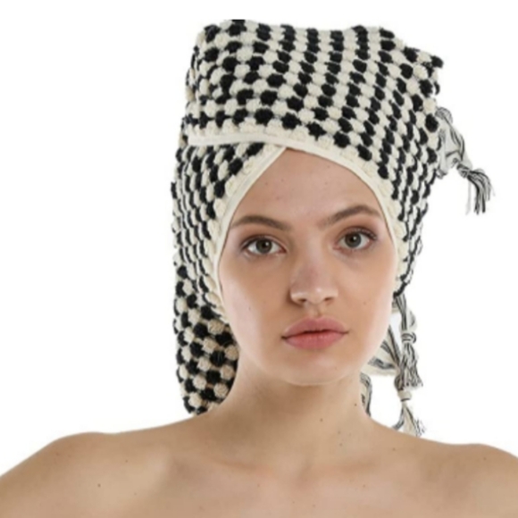 Turkish Spa Hair Peshtemal XL Hand Towel Black Natural White Pom Pom Houndstooth - Picture 6 of 8